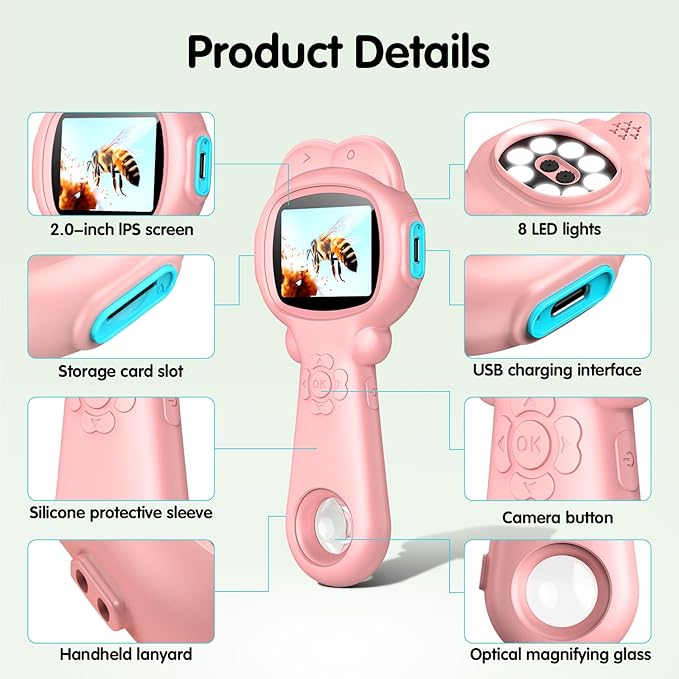 Microscope for Kids, Mini Portable Handheld Microscope with 500X Magnification, 200W Pixels, 2.0 High-Definition Screen for Birthday Christmas Educational Gifts Toys for 3 4 5 6 7 8 9 10 11 12 Kids