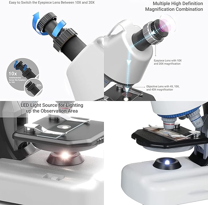 Kids Microscope - Up to 40-1200x Zoom, STEM Kit with LED Light & Prepared Slides