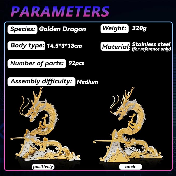 3D Metal Puzzles,3D Metal Puzzle for Adults,Mechanical Model Kit Golden Dragon,Steel 3D Puzzles Stainless Steel Ornaments for Adults Home Decor Art Craft Gifts Toys