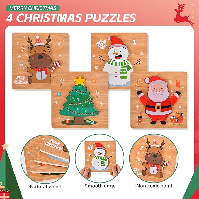 4 Pack Christmas Wooden Puzzles for Kids Toddlers Jigsaw Puzzles Christmas Stocking Stuffers Toys Xmas Party Favors