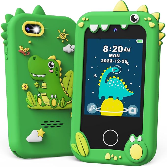 Kokodi Kids Smartphone Toy, Touchscreen HD Dual Camera Cell Phone for Kids, Dinosaur Toddler Play Phone for Boys 3-10, Learning Toy with 8GB SD Card (Green)