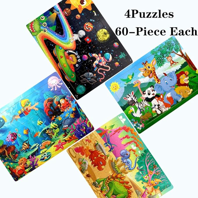 Puzzles for Kids Ages 4-8, 4 Pack Wooden Jigsaw Puzzles 60 Pieces Animal Dinosaur Puzzle Preschool Educational Learning Toys Set for Boys and Girls