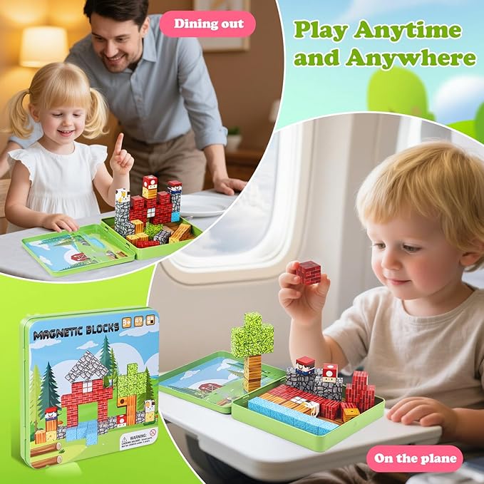 49 PCS Mini Magnetic Building Blocks Travel Toys for Kids Ages 4-8, Travel Magnetic Tiles with Portable Iron Storage Box, STEM Learning Educational Construction Toys for Toddlers 3+