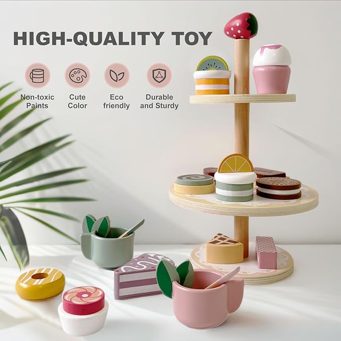 Wooden Dessert Stand Toy Set for Kids – 3-Tier Cake and Pastry Tower, Pretend Play Tea Party Accessories, Montessori Kitchen Toy for Toddlers Ages 3+