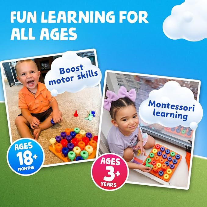 Skoolzy Montessori Sensory Pegboard 33 Piece Set - Develop Sensory Play Occupational Therapy STEM Learning Educational Toys for Kids 2+ - Includes Foam Board, Lacing String, Dice, Storage Bag, eBook