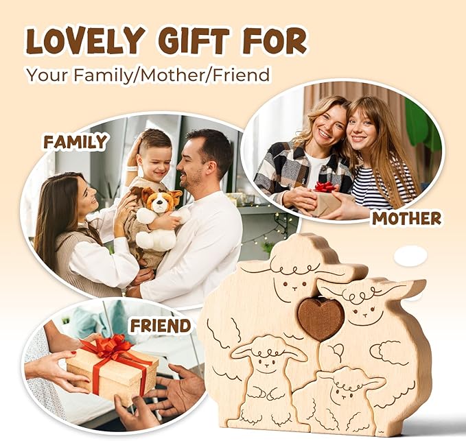 Wooden Sheep Family Puzzle Games, Personalized 4 Name Puzzle for Home Crafts Decor, House Warming Birthday Party Gifts for Mom Dad Grandma Kids New Baby, Wooden Bear Family