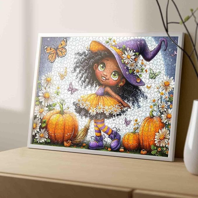 Cute Witch 1000 Piece Puzzle for Adults Pumpkins Butterflies and Flowers Jigsaw Vibrant Halloween Whimsical Fall Puzzles Challenging Aesthetic Fantasy Puzzle Home Decor 27x20 Inch