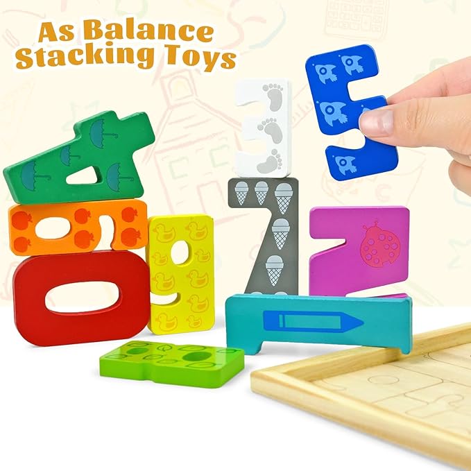 Vileafy 2-in-1 Montessori Toys for Toddlers – Wooden Dinosaur Puzzle and Number Building Blocks for Boys and Girls, Early Educational Pegged Puzzles for Prescgool Toys