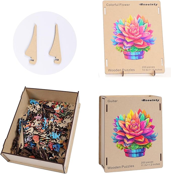 Valentine's Day Wooden Puzzles Colorful Flower Pot 200pcs 11.2'' x 11.2'', Luxurious Shaped Wood Puzzle, Beautiful Package, Best Gift for Adults and Kids, Family Game