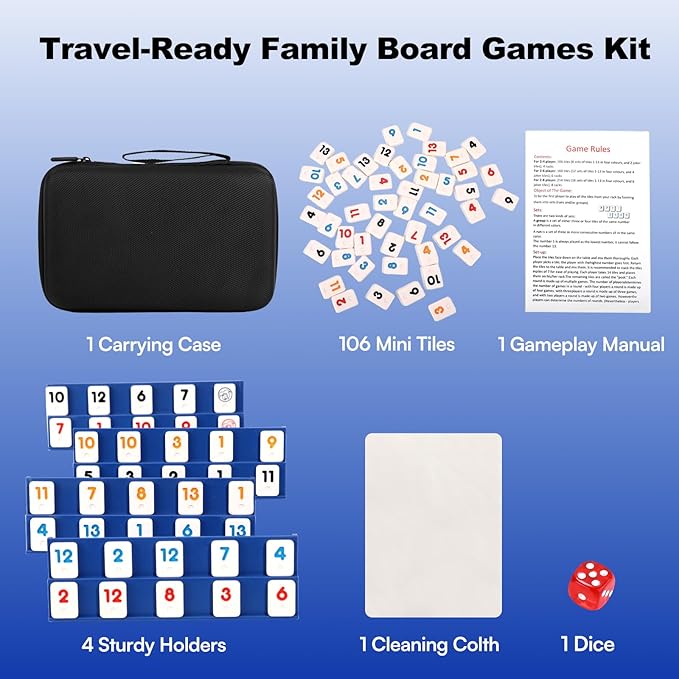 Mini Travel Rummy Cube Game 4 Players with Portable Case, 106 Melamine Rummy Tiles & 4 Holders, Small Classic Family Strategy Board Game for Adults Kids