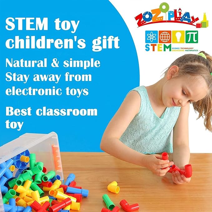 ZOZOPLAY STEM Learning Toy Tubular Pipes & Spouts & Joints 96 Piece Build Bicycle, Tank, Scootie, Moter Skills Endless Designs Educational Building Blocks Set for Kid Ages 3+ Multicolor