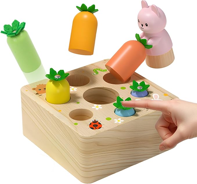 XPIY Montessori Toys for 1 Year Old, Carrots Harvest Wooden Baby Toys for 6-12 Months Educational Shape Sorting Matching Toys Fine Motor Skill, Gift for Kids Easter (Bouncing Carrots)