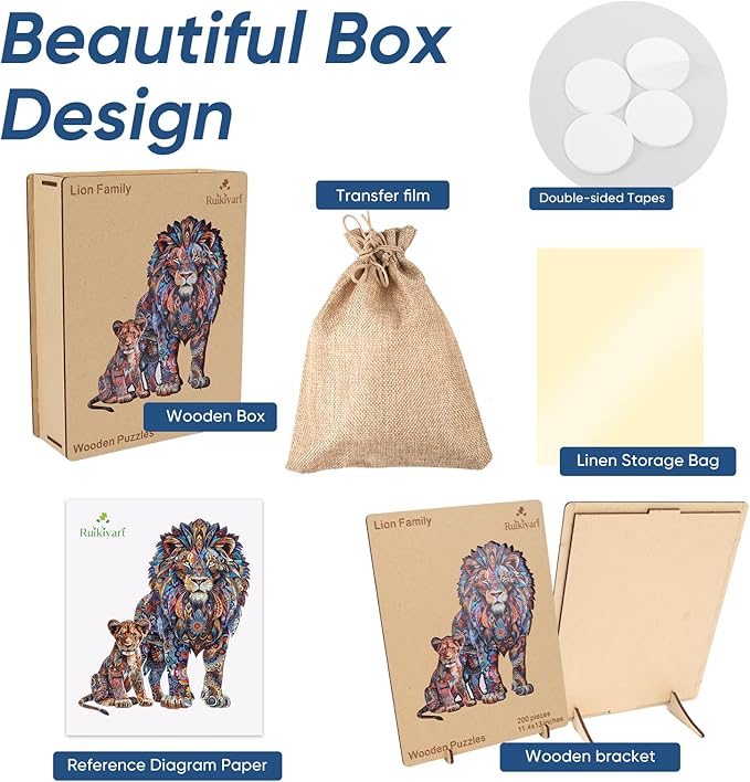Ruikiyart Wooden Puzzles for Adults, 5MM 200 Pieces Lion Family Wooden Jigsaw Puzzles, Animal Unique Shaped Puzzle Gifts for Adults and Kids on Thanksgiving, Christmas (11.4'' x 13'')