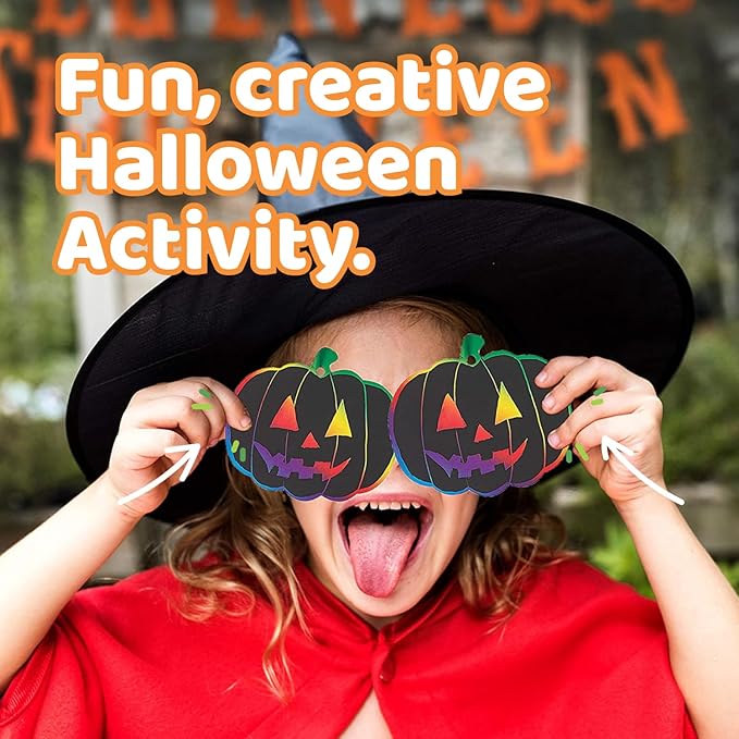 Neliblu Halloween Scratch Art Trick or Treat Paper Crafts Kit Bulk Pack of Halloween Pumpkins with Magic Rainbow Colors - 24 Pumpkin Ornaments, 24 Scratch Sticks, 24 Ribbons