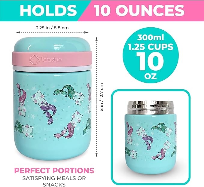Bento Box with Stainless Steel Food Thermo for Hot Food or Soup, Insulated Lunch Bag, and Ice Pack Set for Kids Girl Toddlers. Ages 3 to 7 Pink Aqua Cat Mermaid