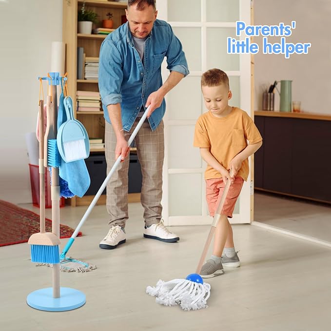 WHOHOLL Wooden Toddler Cleaning Set, Blue Toys Montessori Toys for 3+ Years Old Boy, Housekeeping Play Set Includes Broom Mop Duster Dustpan Sponge and Organizing Stand, STEM Skill Developmental Gift