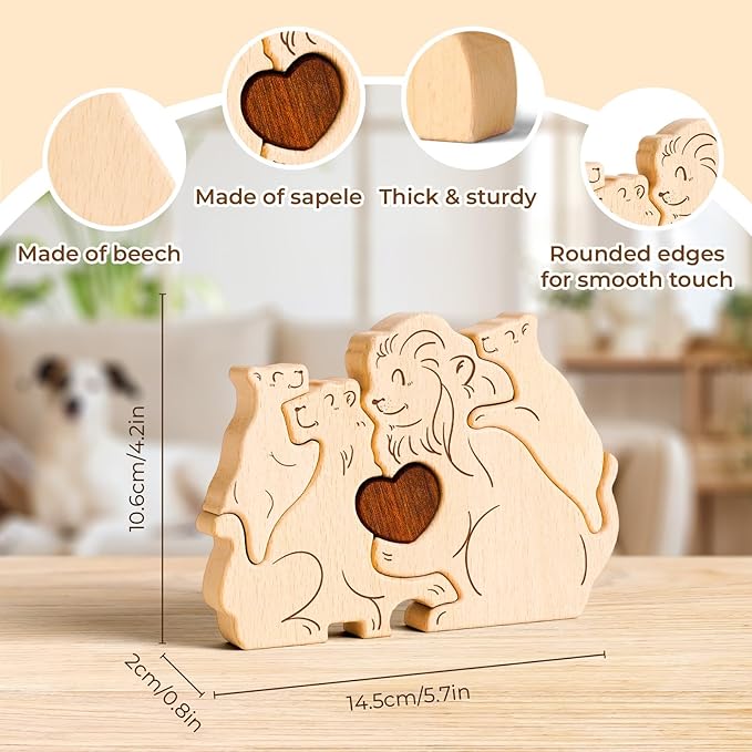 Wooden Lion Family Puzzle Games, Personalized 4 Name Puzzle for Home Crafts Decor, House Warming Birthday Party Gifts for Mom Dad Grandma Kids New Baby, Wooden Bear Family