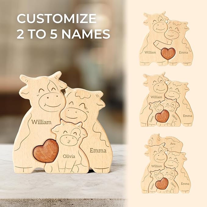 Wooden Cows Family Puzzle, Personalized Puzzles with 2–5 Names, Fathers Day Birthday Personalized Gifts for Mom Dad Kids Teen Boys Girls Grandma, Toddler Men Thanksgiving Gifts