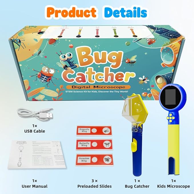Kids Microscope with Bug Catcher Kit, 1080P Digital Mini Handheld Microscope STEM Science Toy with LED Light, Rechargeable, Portable, Supports 64GB TF Card, Educational Gift for Kids Ages 3-12 (Blue)