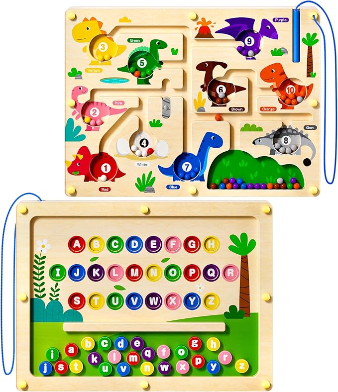 2 in 1 Magnetic Color and Number Maze Magnet Alphabet Counting Car Puzzle Double Sided Board Fine Motor Skills Montessori Preschool Toys for Boys and Girls (Color1, One Side)