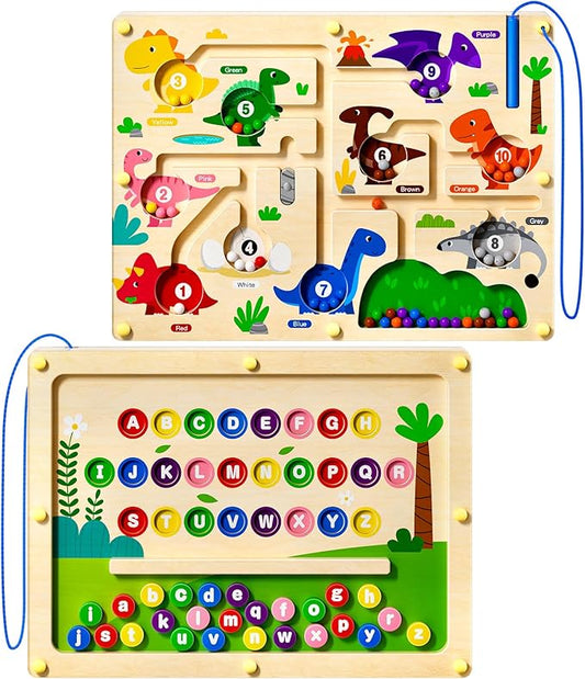 2 in 1 Magnetic Color and Number Maze Magnet Alphabet Counting Car Puzzle Double Sided Board Fine Motor Skills Montessori Preschool Toys for Boys and Girls (Color1, One Side)