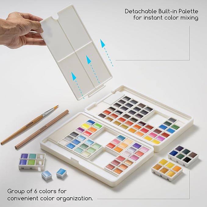 MEEDEN Watercolor Paint Set 96 Colors in Portable Box, Paint Kit with Brush, Palette, Art Supplies, Customizable Color Blocks, Bright Watercolors Travel Set for Adult Teens Beginner Amateur Artists