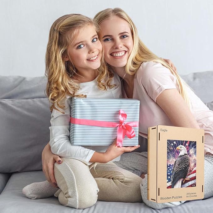 Wooden Jigsaw Puzzle, 200 Pcs Unique 3D Shape Jigsaw Puzzles, Wood Puzzle Gift Box Packing, Medium Size Letter, Creative Gift for Adults and Kids, Fun Challenging (EA4Eagle, 200PCS)