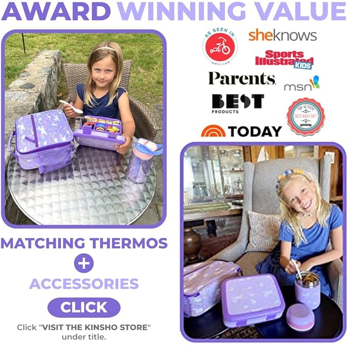 Bento Box with Stainless Steel Thermo, Insulated Lunch Bag, Ice Pack Set for Kids - 5 Compartments, Lunches or Snack Container for Girls, Toddlers Daycare Pre-School, Kindergarten Purple Unicorn