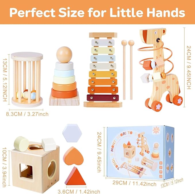 Wooden Montessori Toys Set for Toddlers,Wooden Toy Set for Babies Educational Object Permanence Box,Xylophone(Glockenspiel),Stacking,Rattle Birthday Gift for Boys Girls Ages 1 2 3 4 5