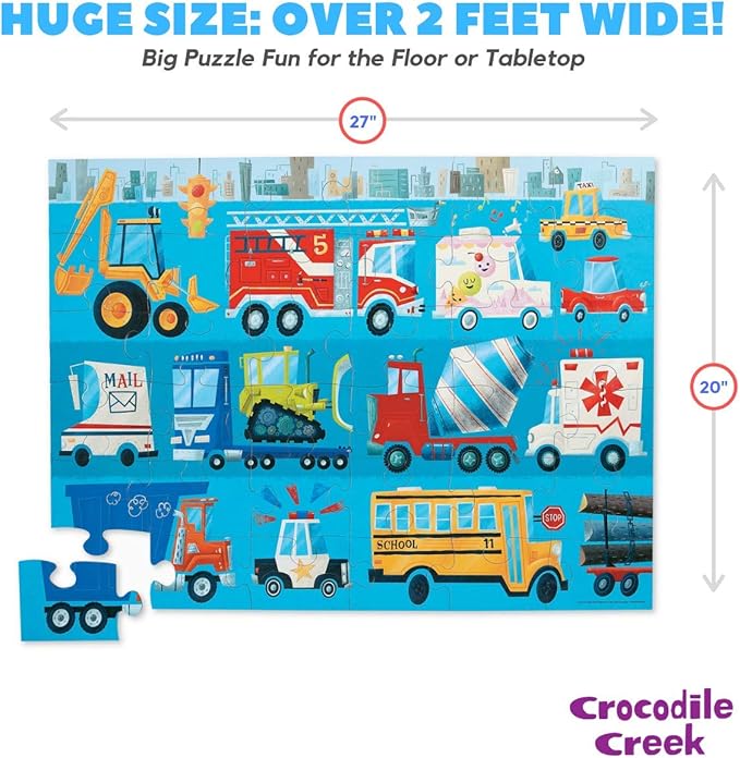 Crocodile Creek 36-Piece Jigsaw Floor Puzzle - Fun Floor Puzzles for Kids Ages 3-5 - Heavy-Duty Shaped Box for Storage - Vehicles - 24" W x 18" H Finished