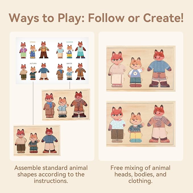 Wooden Dress-Up Puzzles for Toddlers Ages 3-5 Fox Family Mix-and-Match Game with Storage Box Educational Gift for Boys Girls