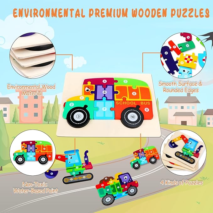 Wooden Puzzles for Toddlers 3-5, Toddler Puzzles Ages 2-4 Transportation Puzzles Toys, 4-Pack Toddler Puzzle Toys for 2, 3, 4, 5 Year Old Boys Girls