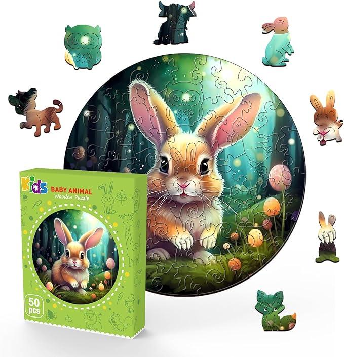 Wooden Puzzles for Kids Ages 4-8, Cute Bunny Puzzle, Unique Animal Shaped Wooden Jigsaw Puzzles for Kid, 50 Pieces Puzzles for Kids(50pcs,11.4 * 11.4in)