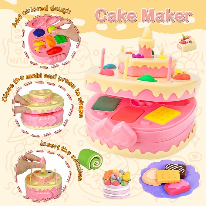 4 in 1 Play Color Dough with 36pcs Modeling Dough Art Crafts Tools Kit Kitchen Creations Cake Noodle Ice Cream Hamburger Maker Machine Food Play Toys for Kids, Pack of 104pcs