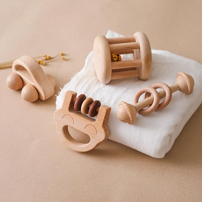 Chriswell Wooden Baby Rattle Set, Newborn Wooden Rattle Toy, Natural Wooden Montessori Baby Grip Toy, Baby Gift Toy, Wood Rattle Set-6