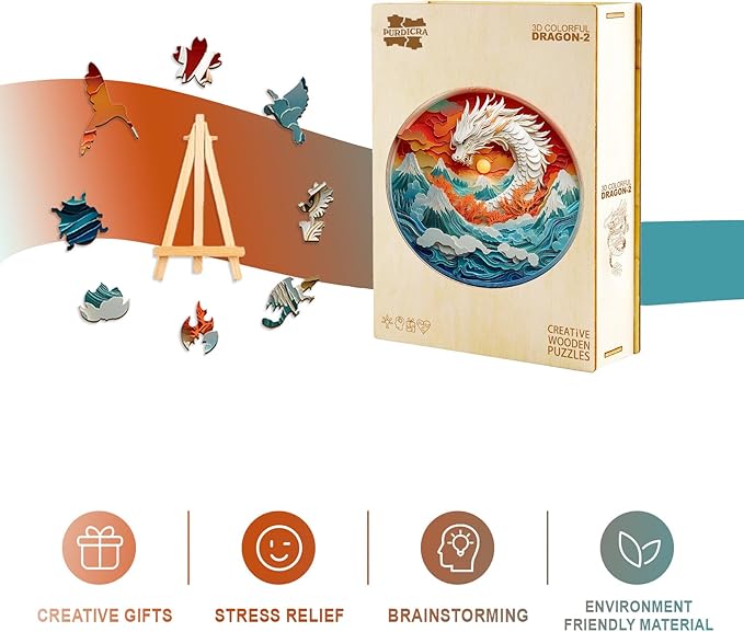 Wooden Jigsaw Puzzles, Colorful Dragon Wooden Puzzles for Adults with Unique Shape, Adult Jigsaw Puzzle, Birthday Gifts for Adults, 13.4"x13.4"-300pcs