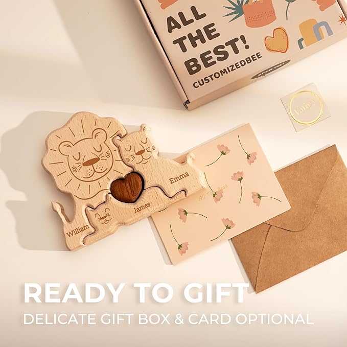 Wooden Lion Family Puzzle, Personalized Puzzles with 2-5 Names, Mothers Day Birthday Gifts for Women Men, Customized Home Decor Housewarming Gifts for Parents Couple Friends