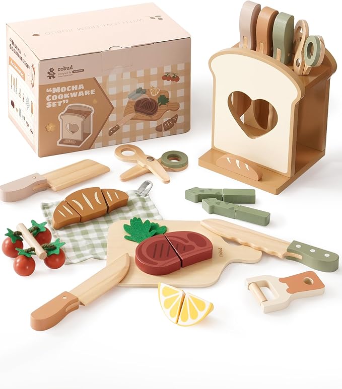 ROBUD 16pcs Kids Play Kitchen Knife Set - Wooden Cooking Playset, Montessori-Inspired Pretend Kitchen Toys for Toddlers, Role Play Gift for Boys and Girls