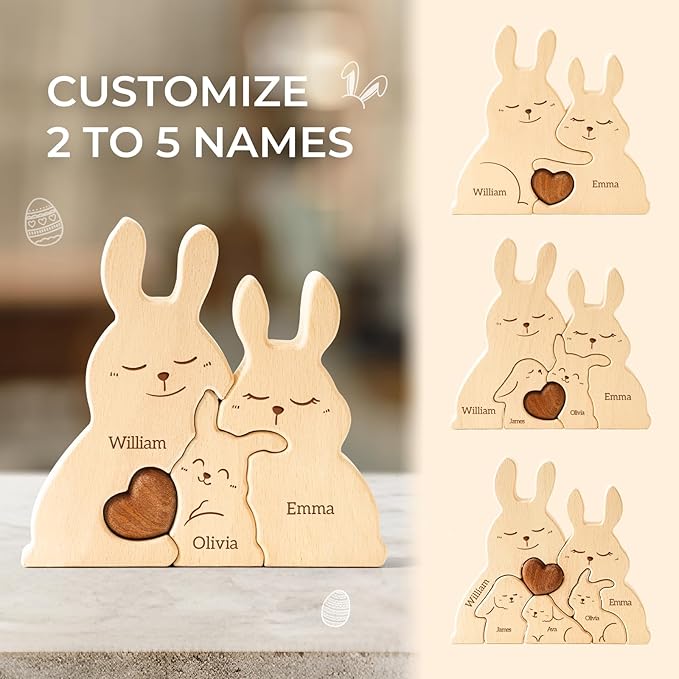 Baby Bunny Family Puzzle, Personalized Wooden Puzzles with 2–5 Names, Rabbit Toys Easter Anniversary Wedding Gifts for Women Men, Easter Decorations Housewarming Gifts for Family Couple