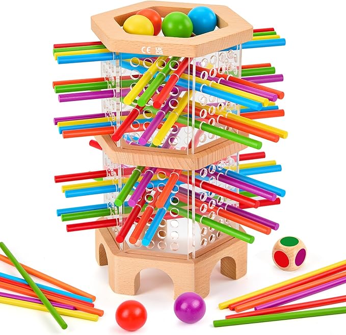 Montessori Wooden Board Game, 42 Colorful Sticks Dice Games for Kids 3 4 5 6 Years, Math Learning Toys Fine Motor Skills & Counting Educational Toy, Family Travel Game Birthday Gifts for Boys Girls