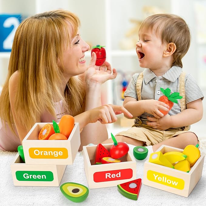 Wooden Play Food Toy Set for Kids Kitchen - 30 Pcs Montessori Cutting & Color Sorting Fake Fruit Accessories with 4 Boxes, Play Toys for Toddlers 3, Birthday Gifts for Boys Girls
