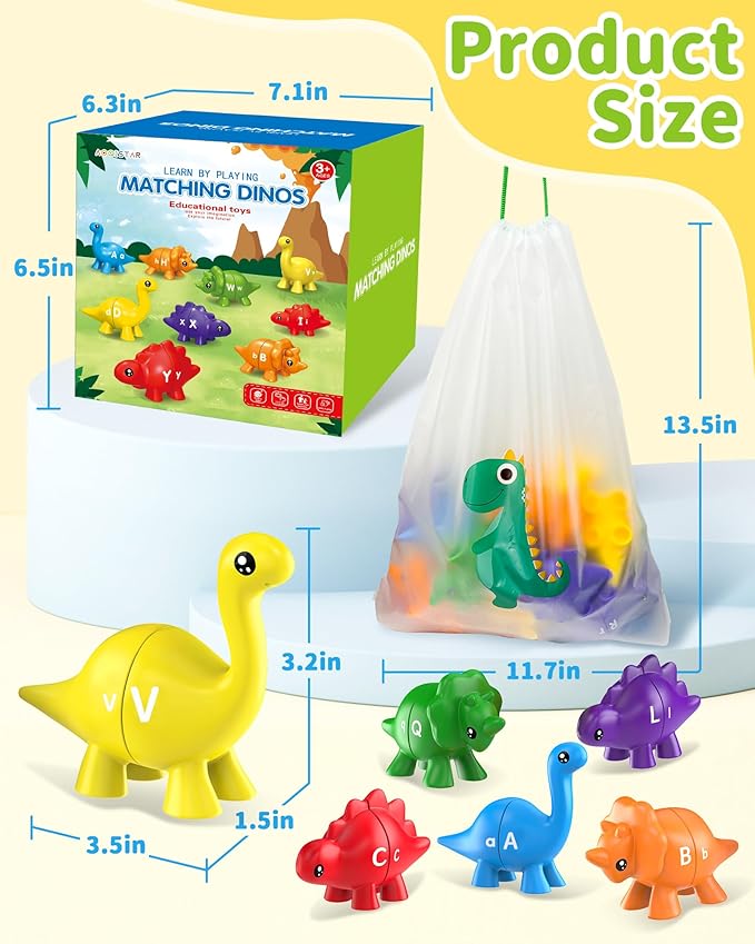 26PCS Dinosaur Alphabet Learning Toys for Toddlers Kids 3-5, Montessori Educational Toys Gifts for 3 4 5 Year Old Boy Girl, Preschool Learning Activities, Double Sided ABC Matching Game