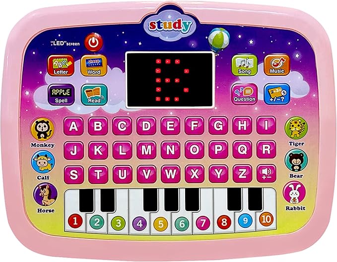 Kid Tablet Toddler Learning Pad Interactive Toy with Screen -Educational Toys Fun Gifts -Music/Piano/ABC/Numbers/Words/Spell/Animals - for Boys&Girls 3+ (Pink)……