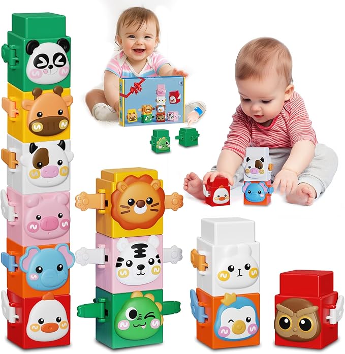 12 PCS Stacking Toys Set for Toddlers 1 2 3 4 Years Old Boys Girls Preschool Pressable Animals Stacking Blocks Sensory Toys with Cute Expressions Fun Christmas Birthday Gifts for Kids Ages 1+