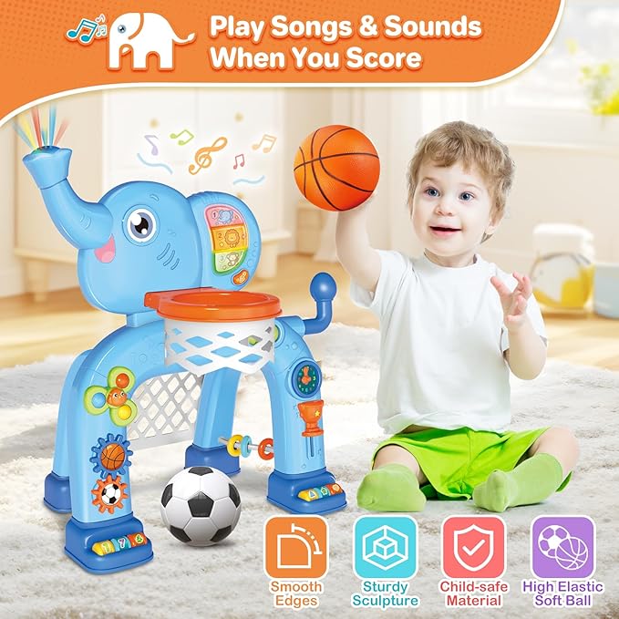 SpringFlower Toddler Basketball Hoop & Soccer Goal Activity Center Toys with Light & Music,Elephant Toddlers Musical Toys Gift, Baby & Toddlers Christmas Birthday Gift for 1 2 3 Year Old Boys & Girls