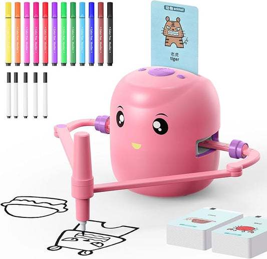 Interactive Educational Drawing Robot for Kids - Montessori Learning Toy with 100 Word Cards, Voice Interaction, Ages 5+ (Pink)
