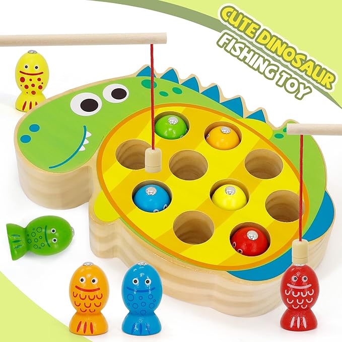 Wooden Magnetic Fishing Game, Dinosaur Magnetic Fishing Toy for Kids 3-5, Montessori Preschool Education Learning Color Sorting Fine Motor Skill for Toddlers