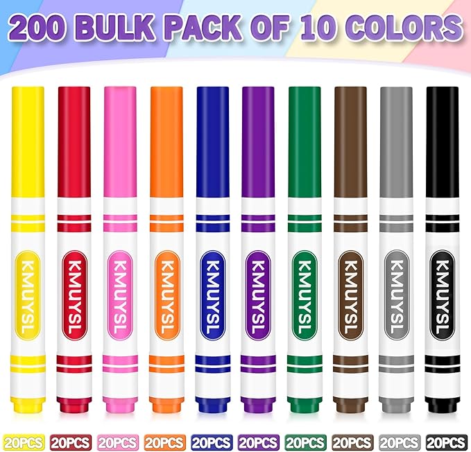 KMUYSL 200 Count Washable Markers Bulk, 10 Assorted Colors - Broad Line Conical Tip Coloring Markers for Kids, School Art Supplies & Back to School Supplies, Teacher Classroom Must Haves