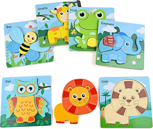 D-KINGCHY Wooden Puzzles for 3 4 5 Years Old Boys Girls, 6 Pcs Animal Jigsaw Puzzles for 3+ Years Old, Educational Preschool Learning Toys for Toddlers