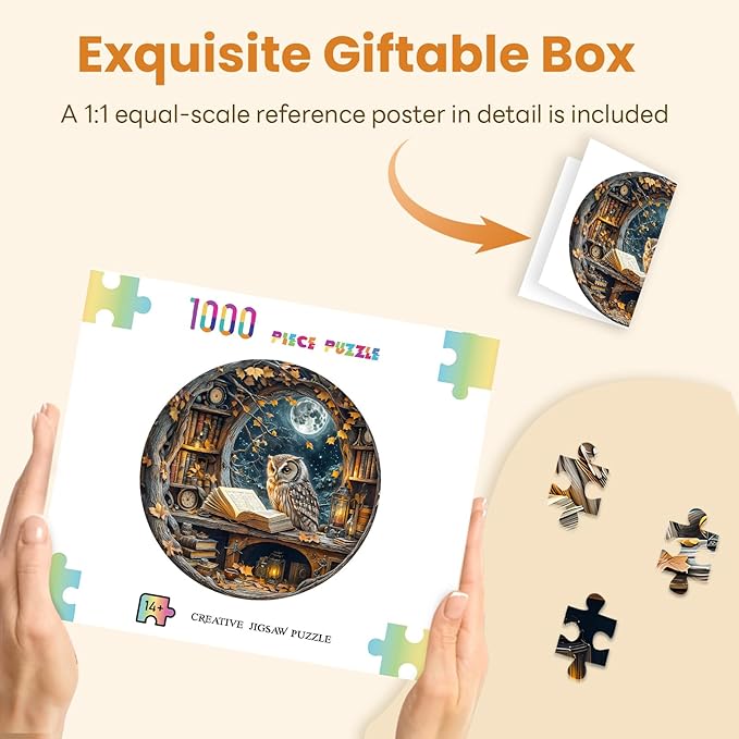 Masseruon 1000 Piece Puzzle for Adults, 26.6 * 26.6in Moonlit Owl Puzzle for Adults, 1000 Pieces Jigsaw Puzzles, Adult Puzzles Game, Unique Gift for Women Men
